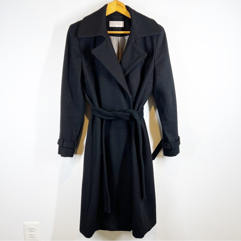 Calvin Klein Black Long Belted Wool Blend Coat
